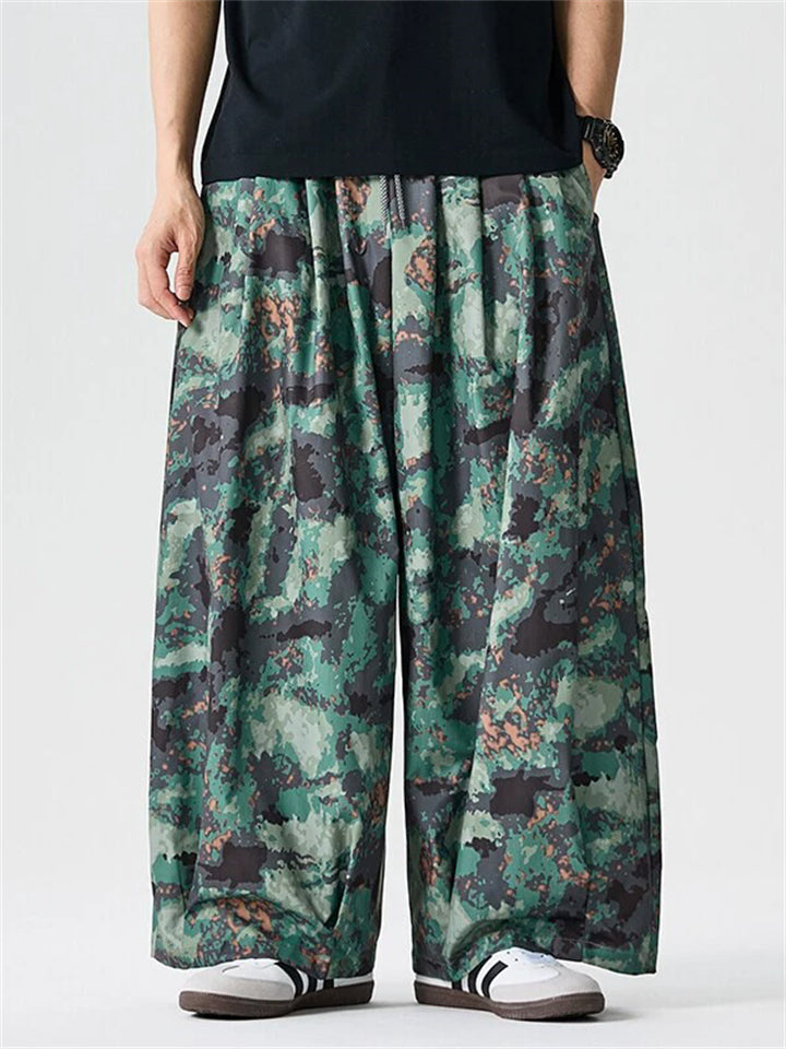 Unisex Vintage Camouflage Printed Drawstring Wide Leg Pants