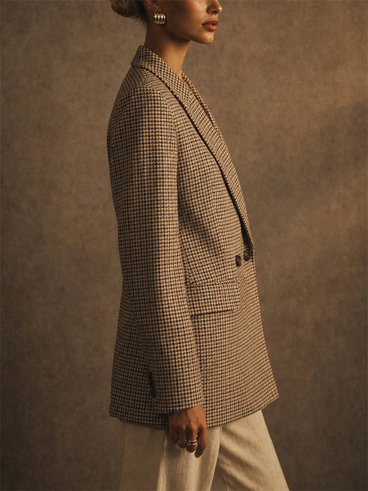 Women Vintage Houndstooth Double Breasted Blazer Jacket