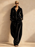 Women Velvet Two Piece Zip Up Top Wide Leg Pants Tracksuit