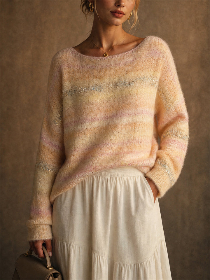 Women Pastel Striped Sequin Mohair Look Soft Knit Sweater