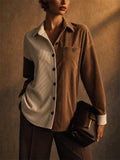 Women Color Block Corduroy Button Down Oversized Shirt