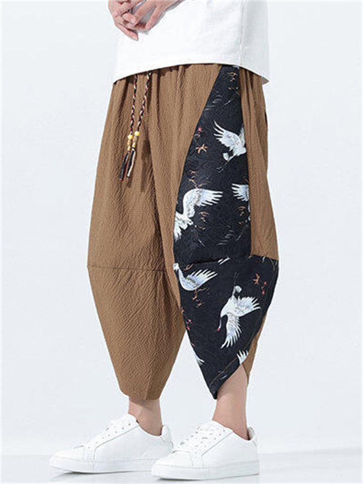 Men's Ethinic Style Quick Dry Crane Print Baggy Harem Pants