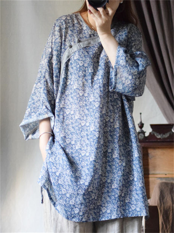 Women's Vintage Loose Ramine Blue Floral Print 3/4 Sleeve Shirts