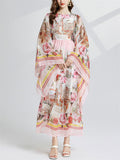 Women's Elegant Round Neck Print Flare Sleeve Maxi Dress