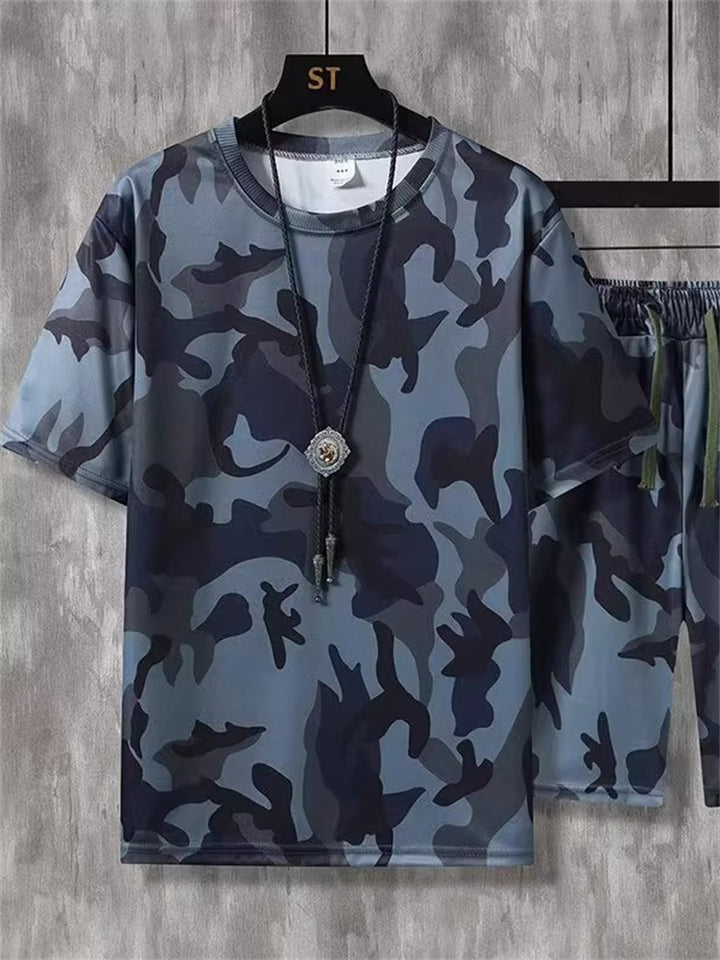 Plus Size Men's 2Pcs Summer Retro Camouflage Print Short Sleeve Outfits