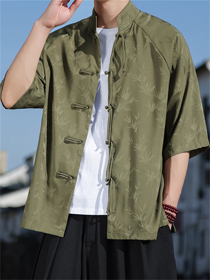 Men's Chinese-style Stand Collar Half Sleeve Bamboo Jacquard Shirt