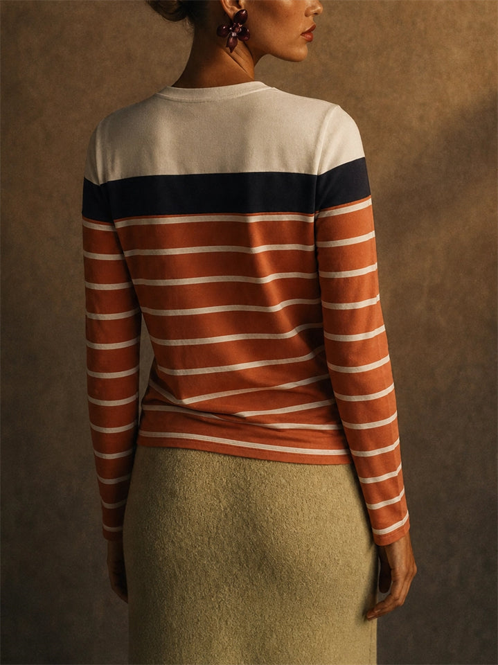 Women Color Block Striped Long Sleeve Crew Neck T Shirts