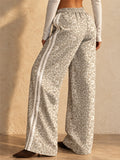 Women Leopard Print Wide Leg Pants Drawstring Side Stripe Trousers