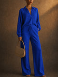 Women Casual Pleated 2 Piece Button Down Shirt and Wide Leg Pants Set