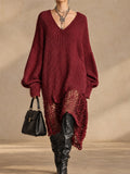 Women V Neck Oversized Knit Long Sleeve Sweater Dress with Crochet Hem