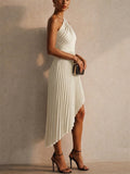 Women White One Shoulder Pleated Asymmetric Cocktail Dress