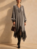 Women Velvet V Neck Lace Trim Long Sleeve Loose Fit Midi Dress
