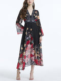 Women's Holiday Style V Neck Flare Sleeve Maxi Dress
