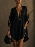Women Black V Neck Boho Gold Trim Kaftan Mini Dress