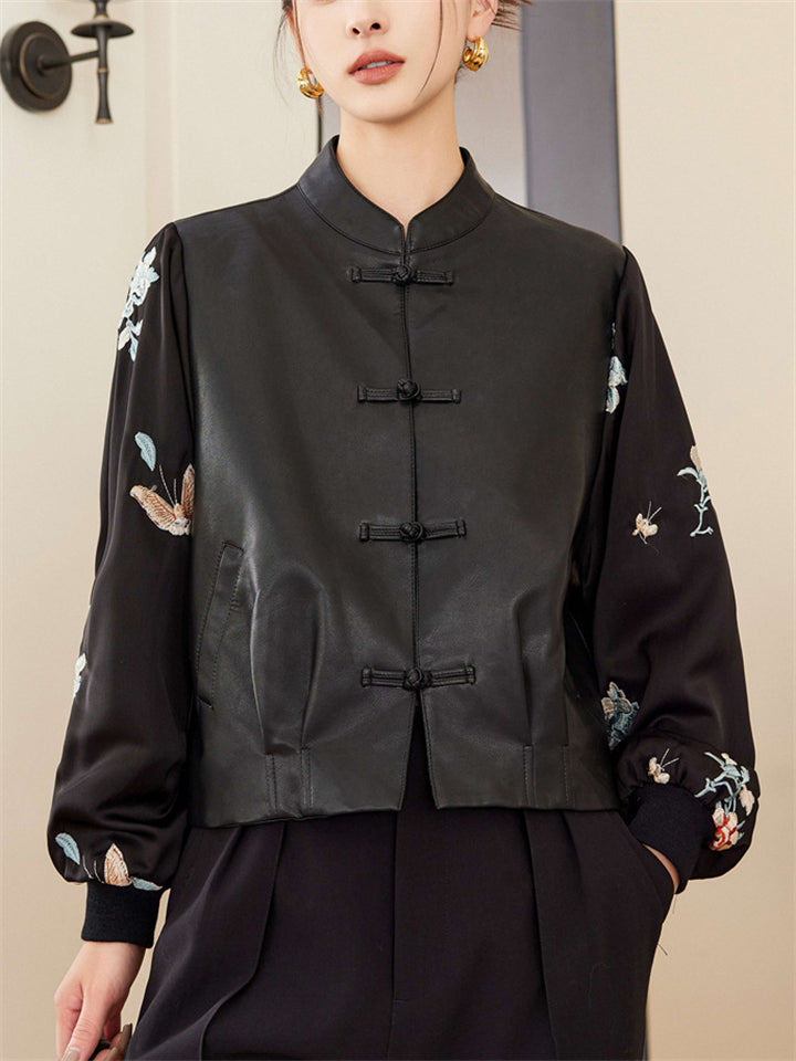 Women's Black PU Leather Patchwork Stand Collar Jackets