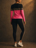 Women 2 Piece Leopard Color Block Long Sleeve Leggings Set