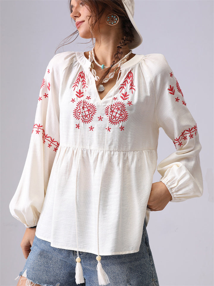 Women's French Style Embroidery V Neck Puffed Sleeve Shirt