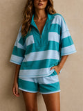 Womens Striped Quarter Zip Polo Shorts 2 Piece Lounge Set
