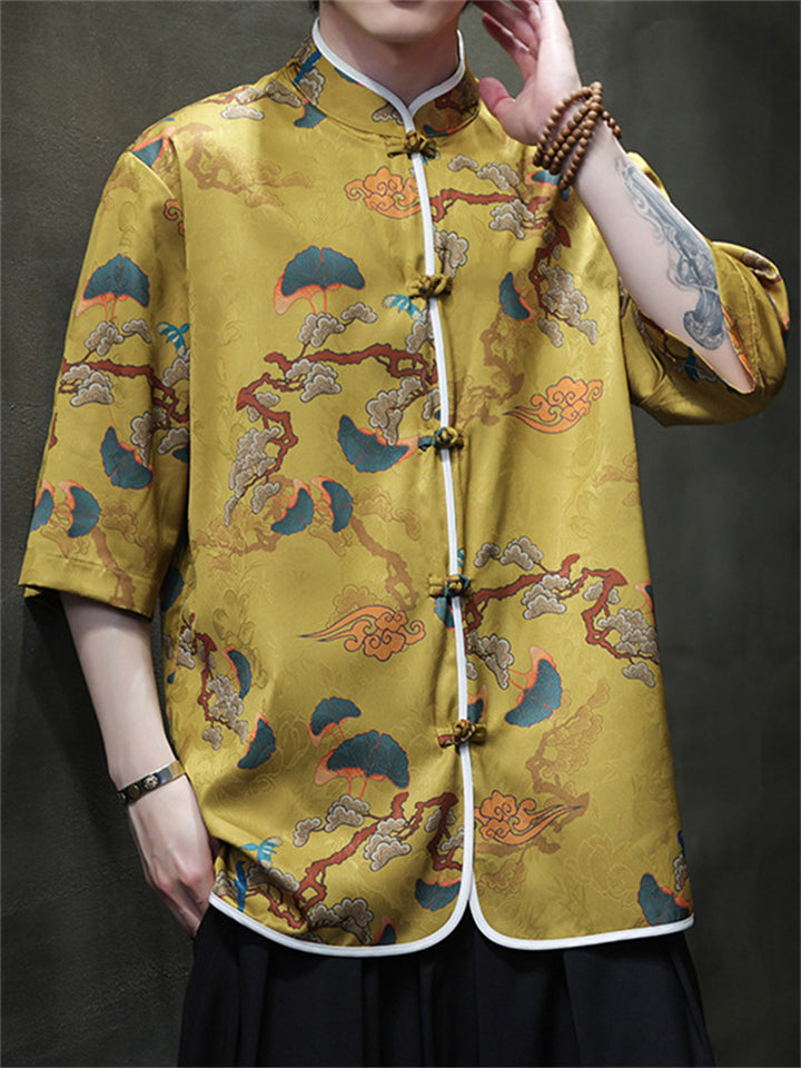 Men's Cool Print Stand Collar Half Sleeve Tang Suit Shirts