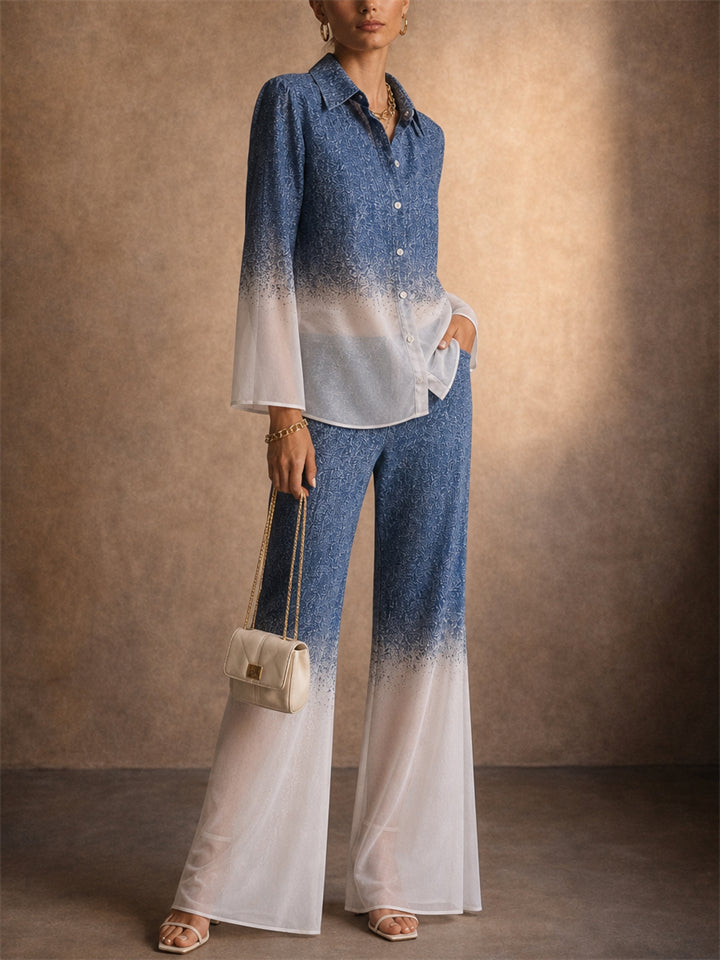 Women 2 Piece Blue Ombre Gradient Shirt and Wide Leg Pants Set