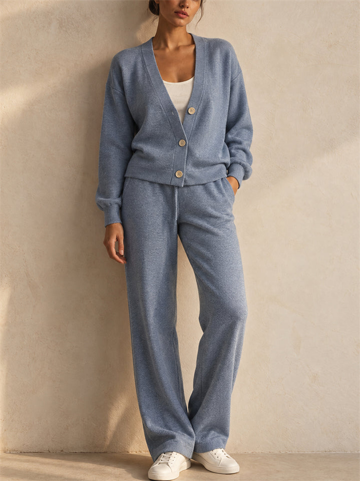 Women Button Up Knit Cardigan and Wide Leg Pants Two Piece Lounge Set