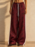 Women Leopard Print Wide Leg Pants Drawstring Side Stripe Trousers