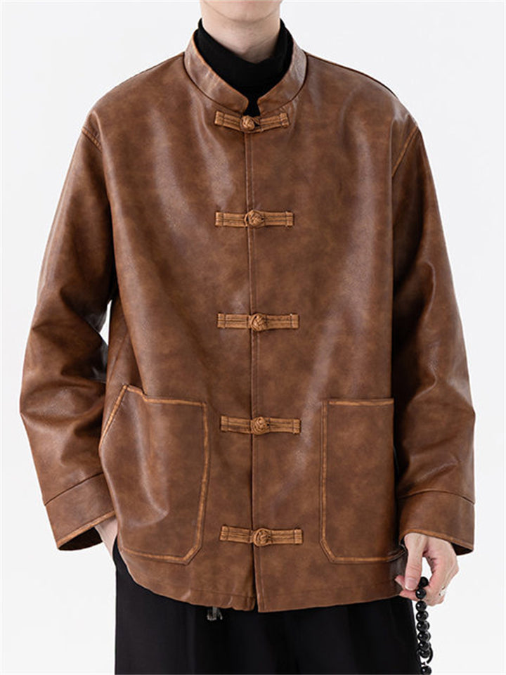 Men's Chinese Style Faux Leather Loose Fit Mandarin Collar Jackets