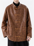 Men's Chinese Style Faux Leather Loose Fit Mandarin Collar Jackets