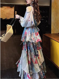 Women's Elegant Print  Shoulder Cut Long Sleeve Shirt & Strap Dress