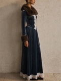 Women Fur Collar Lace Trim Blue Victorian Velvet Maxi Dress