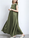 Japanese Style Solid Color Sleeveless Big Hem Maxi Dress