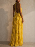 Women Summer Sexy Backless Halter Ruffle Layered Maxi Dress