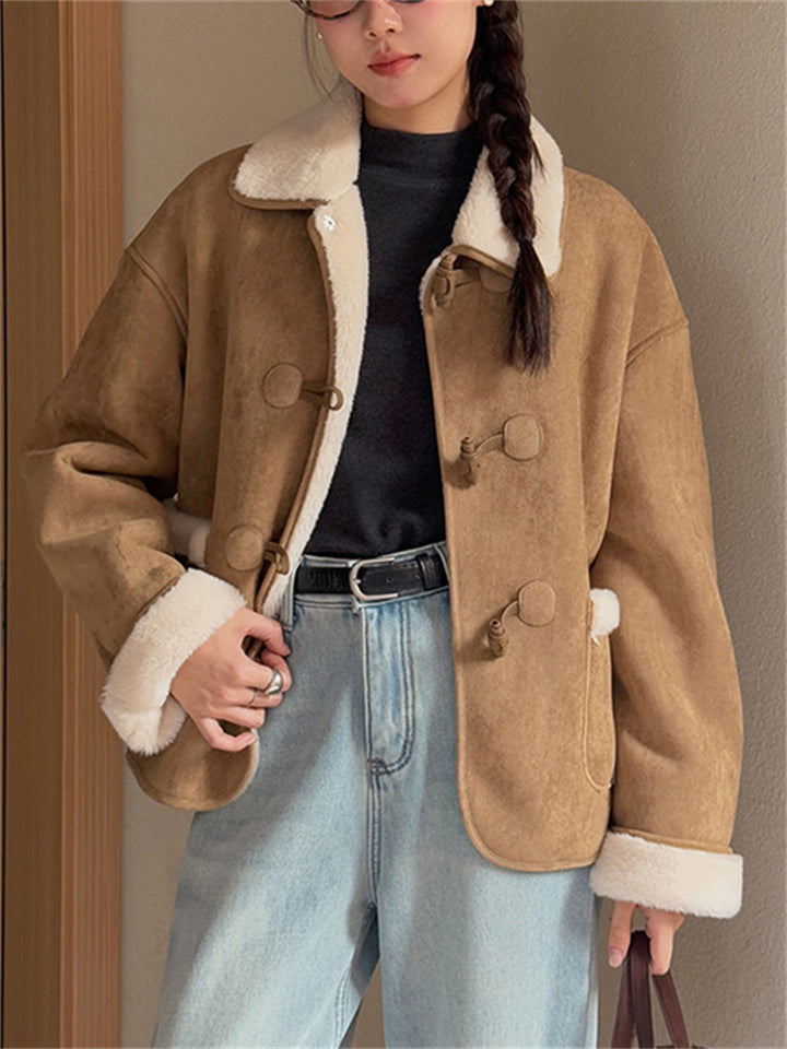 Women's Winter Vintage Solid Color Fleeced Faux Suede Long Sleeve Coats