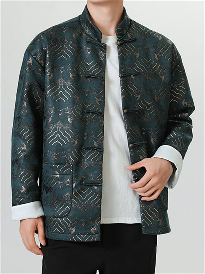 Men's Chinese Style Wave Pattern Print Stand Collar Button-Up TangSuit Jackets