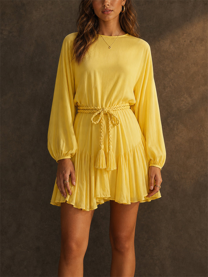 Women French Style Yellow Long Sleeve Braided Belt Tiered Mini Dress
