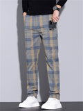 Men's Casual Plaid Elastic Waist Multi-Pocket Straight Fit Pants