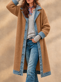 Women Casual Knit Denim Trim Long Cardigan Button Down Coat