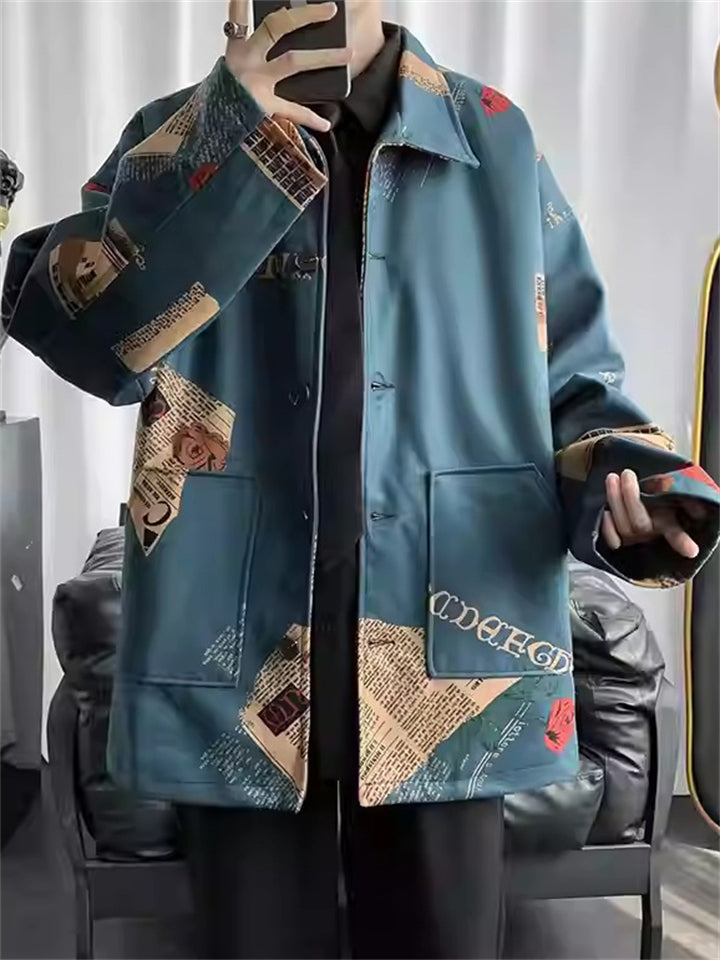 Spring Loose Print Long Sleeve Lapel Jacket for Men