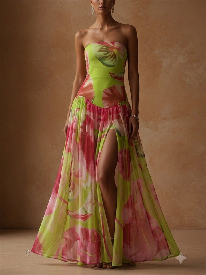 Women Strapless Floral Slit Summer Holiday Wedding Gown Maxi Dress