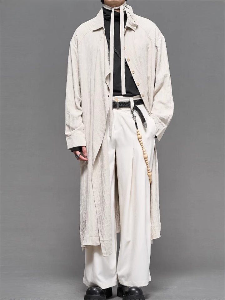 Japanese Style Retro Asymmetric Lapel  Solid Color Long Shirts for Men