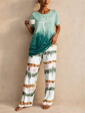 Women Tie Dye Lounge Set Short Sleeve Top Wide Leg Pants
