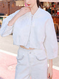 Women's Fashion White Jacquard Frog Button Jacket