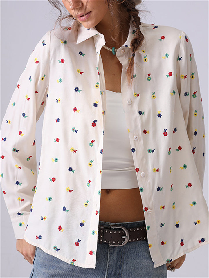 Women's French Style Flowers Embroidery Cotton Lapel Shirt