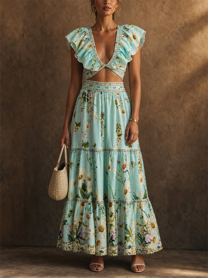 Women 2 Piece Blue Boho Daisy Floral Ruffle Top and Tiered Maxi Skirts Set