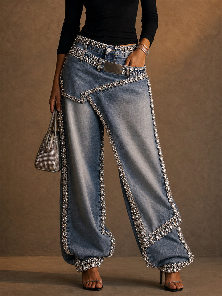 Womens Rhinestone Crystal High Waist Wide Leg Baggy Denim Pants