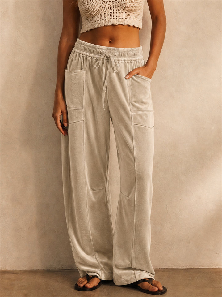 Womens Trendy Velvet High Waisted Wide Leg Cargo Pants