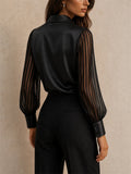 Womens Satin Cowl Neck Sheer Striped Sleeve Blouse