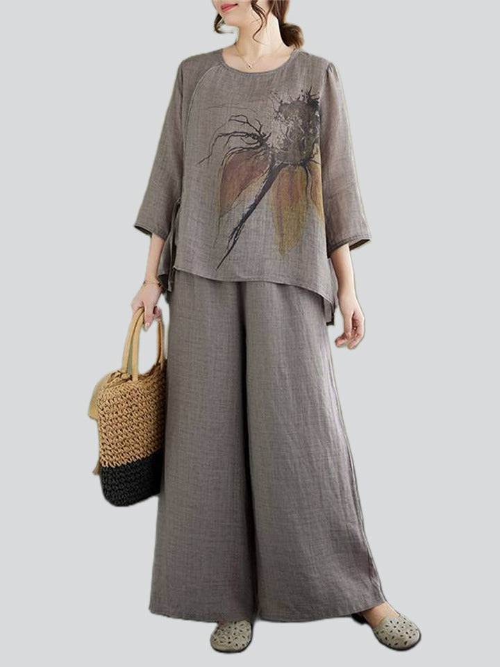 Side Lace-Up Design Crew Neck Shirt Relaxed Pants Women's Suit