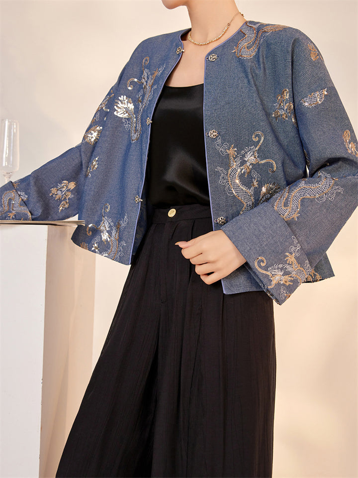 Women's Chinese Style Round Neck Long Sleeve Loong Embroidered Jacket