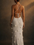 Women 3D Floral Backless Knitted Vacation Maxi Dress